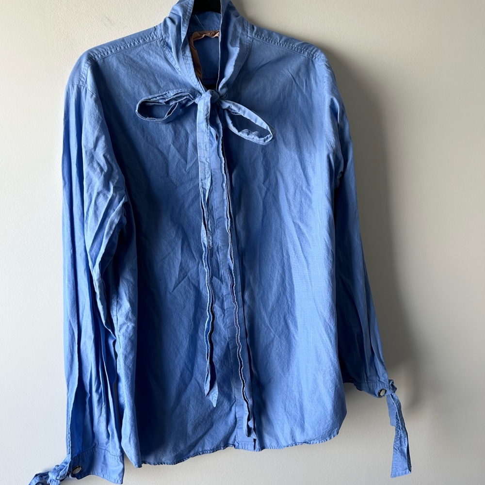 No. 21 blue button front bow tie long sleeve top - Picture 2 of 8